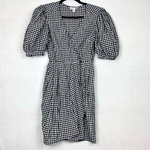 Topshop Black and White Gingham Midi Wrap Dress with Puff Sleeves